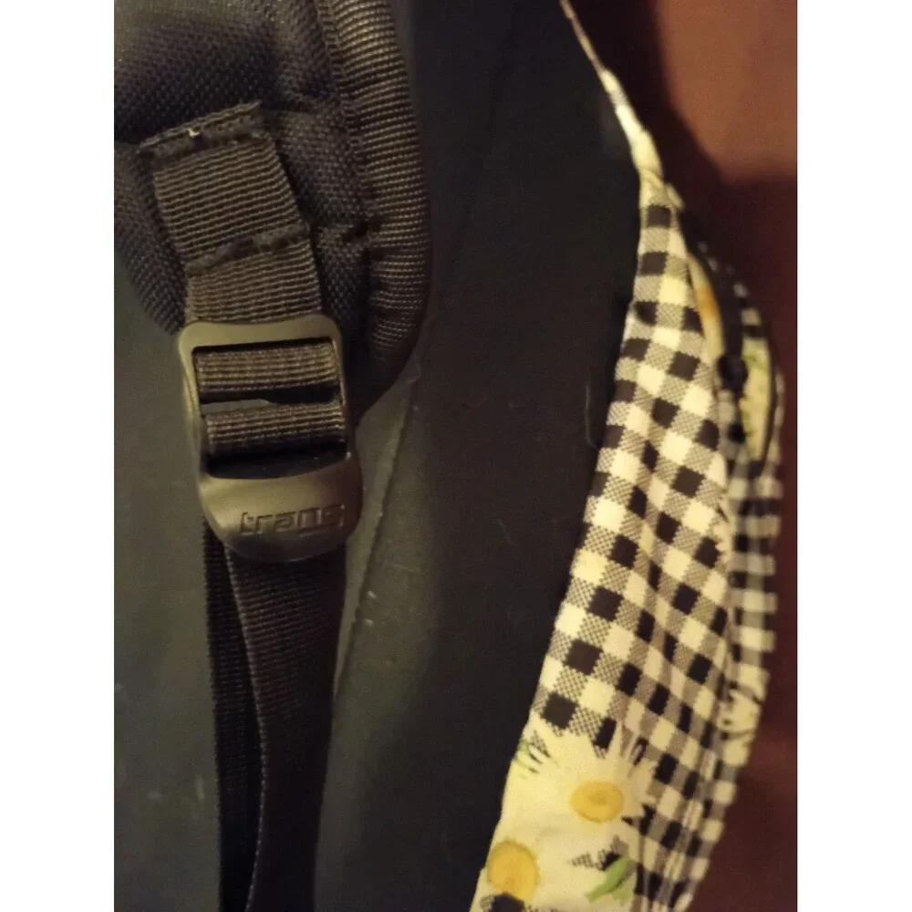 Jansport Cool Backpack Black & White Gingham Daisy Floral Brown Trim Please Read